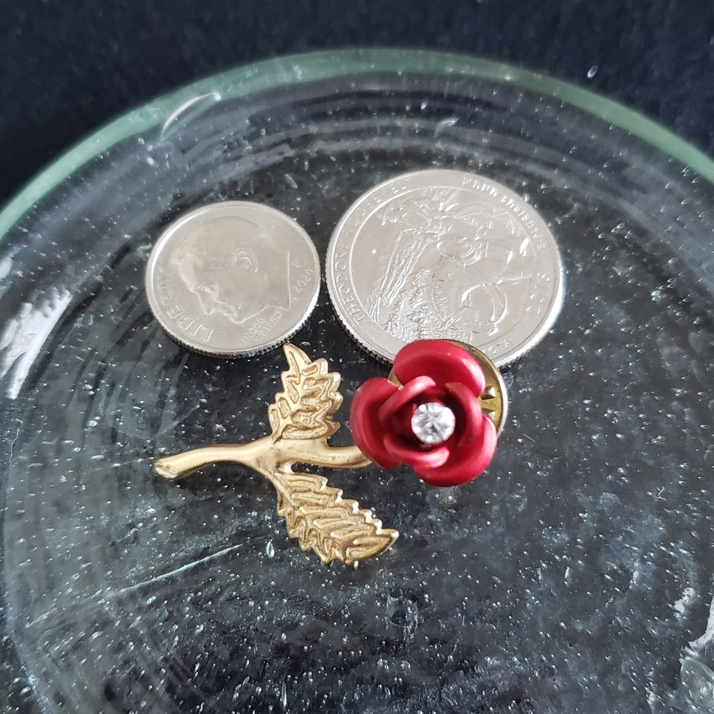 Red Rose Pin With Rhinestone Accent - Picture 4 of 9